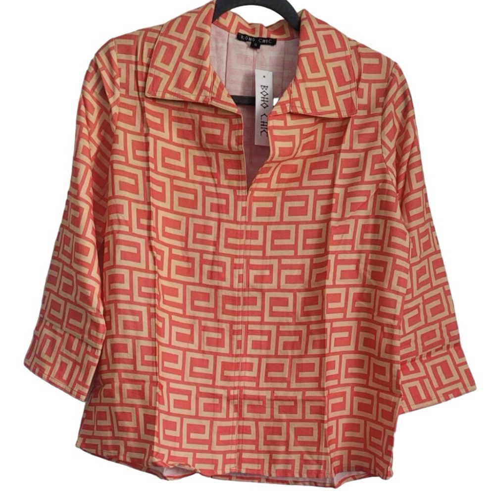 NEW BOHO CHIC NYC No-Iron Linen Enamel Maze Loop-Back Tunic in Coral